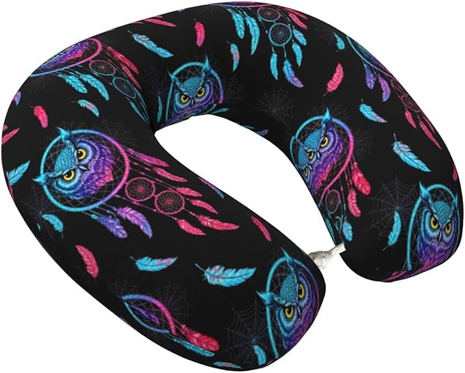 Neck Pillow Memory Foam Travel Pillows Comfortable for Airplane Flight Car Travel Office Nap and Sleeping, Funny Cushion for Head Shoulder Boho Owl Dream Catcher