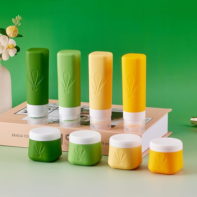 INSFIT 8 Pack Silicone Travel Bottles & Cream Jars with Toiletry Bag, 3oz Leakproof Containers & 2oz Jars with Waterproof Labels, BPA-Free Squeezable Toiletries Set for Shampoo, Lotion