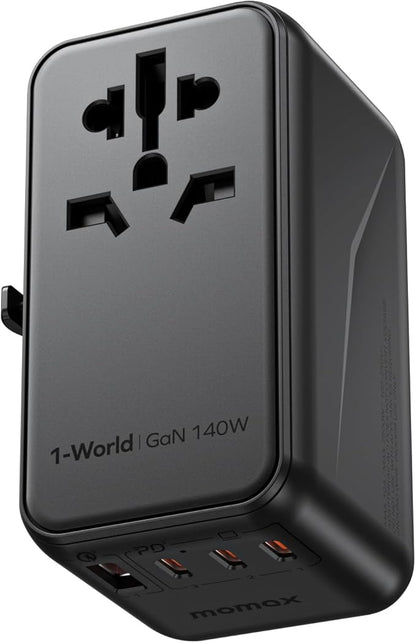 MOMAX Universal Travel Adapter, 140W GaN International Power Adapter, 2 USB-C 2 USB-A, Worldwide Travel Plug Adapter, International Power Adapter for Most Europe, USA, Japan, Australia (Type C/A/G/I)