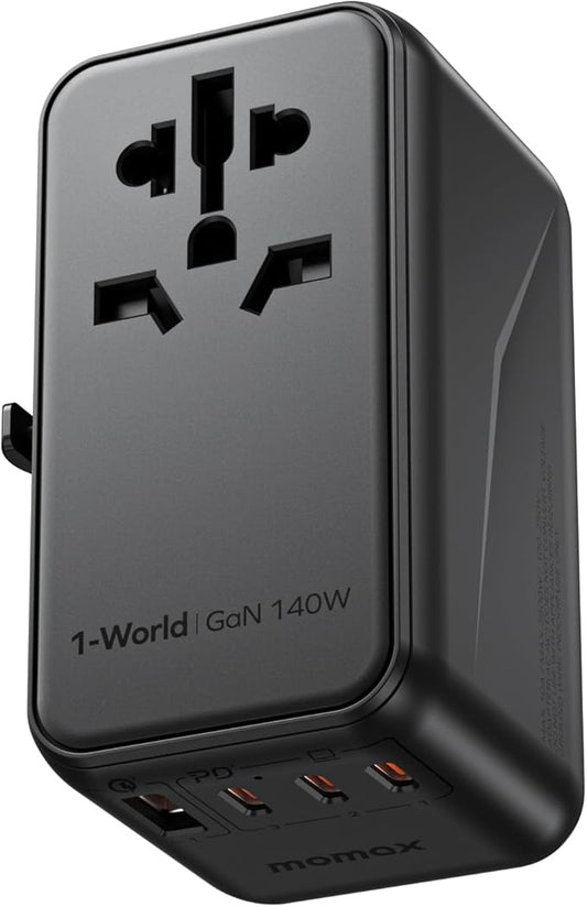 MOMAX Universal Travel Adapter, 140W GaN International Power Adapter, 2 USB-C 2 USB-A, Worldwide Travel Plug Adapter, International Power Adapter for Most Europe, USA, Japan, Australia (Type C/A/G/I)
