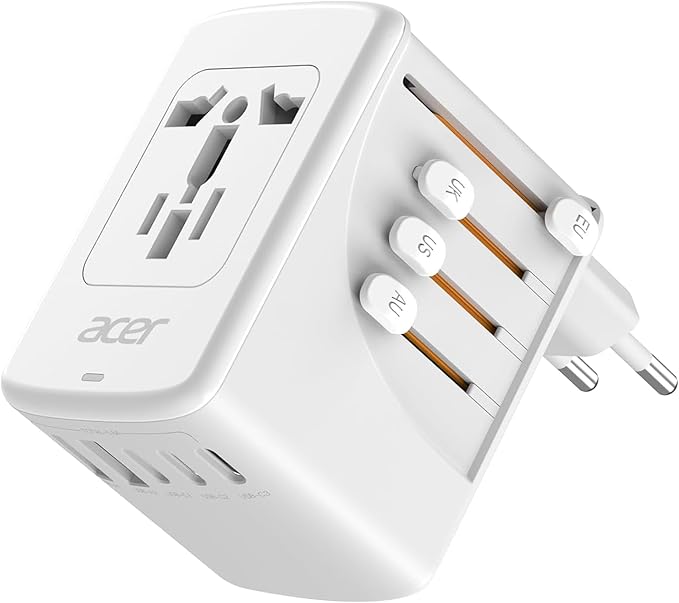 Acer Universal Travel Plug Adapter - International Power Adapter with 5 USB Ports (3 USB C) 5.8A, Worldwide Outlet Charger for USA to European UK France Germany Spain, Type C/E/F/G/I/L/A, White