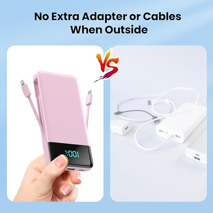 Portable Charger for iPhone with Built in Cables and Wall Plug,Upgraded 13800mAh Fast Charging USB C Power Bank,4 Outputs Travel Essential Battery Pack Compatible with iPhone 17/16/15/14,Samsung-Pink