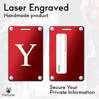 Premium 3-Layer Aluminum Luggage Tags by Fortuna - Easy to Claim, Laser-Engraved, Plastic-Free, and Eco-Friendly Luggage Tag Holders, 2-Pack, Red (Y)