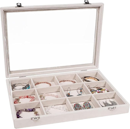 Stratalife Jewelry Organizer Bracelet Organizer Storage Box 12 Grid Stackable Jewelry Tray with Lid Velvet Jewelry Box for Drawer Necklace Bracelet Display Storage Organizer Box (Beige)