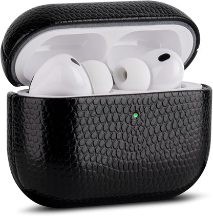 Handmade Case - for AirPods Pro 2 Case Cover - Selected Vegan Leather, Lizard Skin Texture, Drop Protective Hard Shell Cover for AirPods Pro 2nd Generation Earbuds - Black