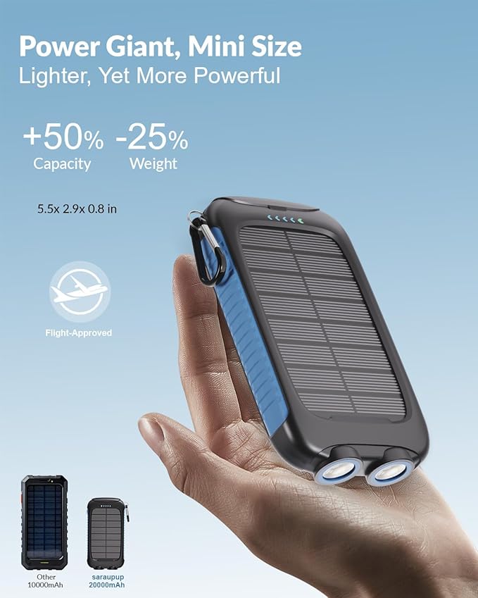 solar power bank, 20000mAh portable charger 5V/3A Fast Charging with USB-A and USB-C Ports battery bank Compatible with iPhone,Samsung,Waterproof,Emergency LED Flashlights for Camping, Hiking,Outdoor