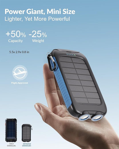 solar power bank, 20000mAh portable charger 5V/3A Fast Charging with USB-A and USB-C Ports battery bank Compatible with iPhone,Samsung,Waterproof,Emergency LED Flashlights for Camping, Hiking,Outdoor