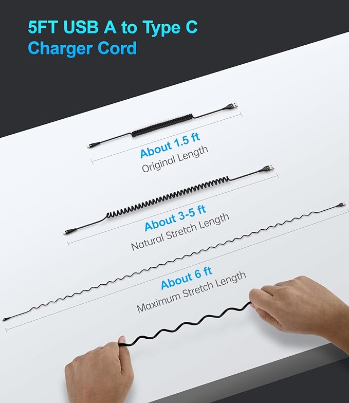 PRAKIE USB C Cable Fast Charging 5FT, Coiled USB A to USB C Cable for Car, Type C Charge Cord USB-C Charging Cable Compatible with iPhone 17/16/15/Samsung Galaxy S20 and More USB C Devices-Black 2Pack