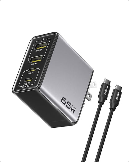 PISEN 65W USB C Charger - 4-Port GaN Fast Charging Block Type C Charger Fast Charging Wall Plugs with 4FT C to C Cable for MacBook Pro/Air, iPhone 16/15/14, iPad Pro, Galaxy S24, Pixel 8, Steam Deck