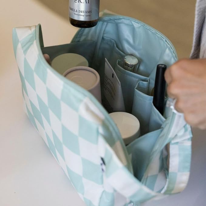 Tiny Twinkle Waterproof Travel Toiletry & Makeup Bag Organizer | Large Capacity Cosmetic Case with Compartments & Handle, A Thoughtful Travel Companion for Women（Sage Checkers