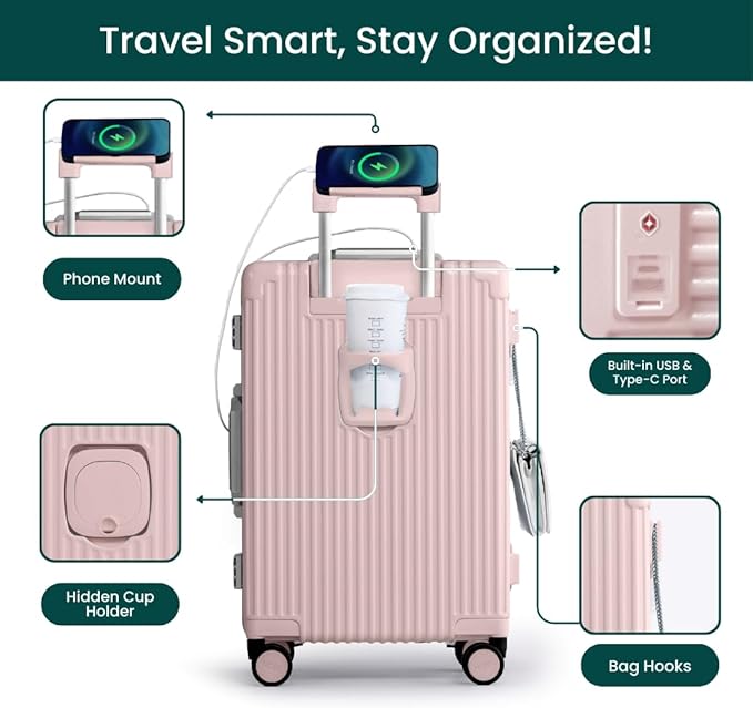 Nobl Travel Carry On Luggage, Noble Zipperless Aluminum Frame PC Hard Shell Suitcase, 22.5x15x9.5 Airline Approved, 360° Spinner Wheels, TSA Locks, USB Charging Port, Cup & Phone Holder - Blush