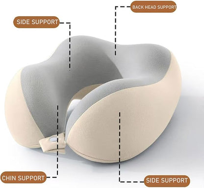 Ergonomic U-Shaped Memory Foam Neck Pillow for Travel & Office with Carry Pouch, Provides Neck Support for Airplane, Train, Anti-Sideturn Sleep (Beige+Gray)