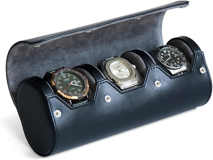 Premium Leather Watch Travel Case - 3 Slot Portable Storage Box With Variable Size Pillow Design, Roll Organizer for Men and Women, Black With Faux Suede Fabric Lining