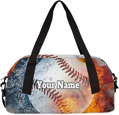 Custom Your Name American Flag Fire Baseball Personalized Text Gym Duffle Bag for Kids,Sports Bag for Teens Boys & Girls Small Waterproof Overnight Weekender Carry School Practice Travel Bag