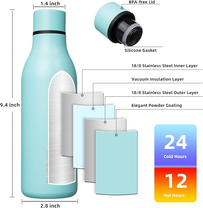 BJPKPK Insulated Water Bottles, 18 oz Stainless Steel Metal Water Bottle with Strap, BPA Free Leak Proof Jugs, Mugs, Flasks, Reusable Thermal Flasks for Sports & Travel, Turquoise