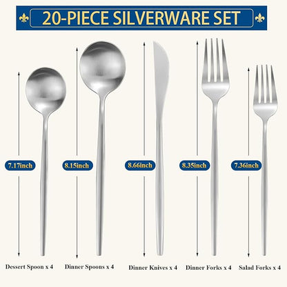 Silverware Set for 4, 20 Piece Flatware Set, Cutlery Tableware set Include Spoons And Forks Set, Stainless Steel Utensil Set, Matte polished Finish, Dishwasher Safe