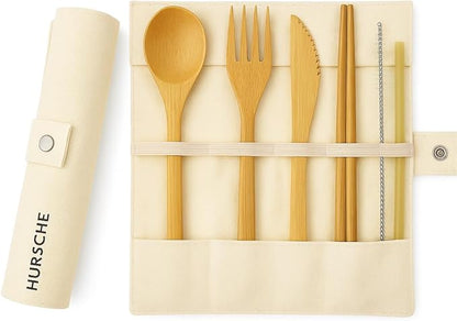 Bamboo Utensil Set Reusable Travel Cutlery – Eco Friendly Portable Flatware Kit with Wooden Fork, Spoon, Knife, Chopsticks & Straw – Zero Waste Lunch Box Accessories for Work, Camping, Picnic