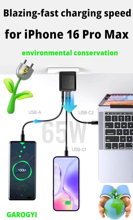 USB C Charger 65W, 3 Ports GaN Fast Charger Block, Compact Foldable Wall Charger with USB-C Cable for iPhone 16 Pro Max, iPad, MacBook Pro/Air,Galaxy S24,Dell XPS 13,Pixel 8 and More (Black)