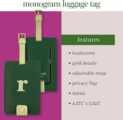 Kate Spade New York Leatherette Luggage Tag with Secure Strap, Colorful Suitcase Identifier for Travel, Monogram Bag Tag ID (R)