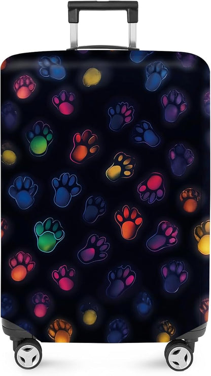 ANNA QUEEN Glow in the Dark Paw Prints Luggage Cover, Vibrant Rainbow Paw Design, Stretchable, Washable Travel Protector for 20-34 Inch Suitcases