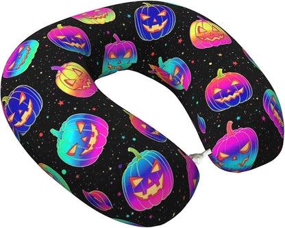 Neck Travel Pillow, Breathable Memory Foam Chin & Head Support Cushion Halloween Trippy Neon Pumpkin Skull for Airplane Car Sleeping Rest