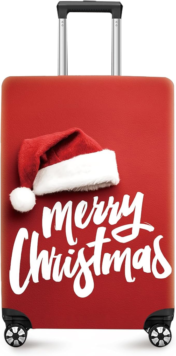 ANNA QUEEN Merry Christmas Luggage Cover, Santa Hat Holiday Design Suitcase Protector, Stretchable Washable Travel Sleeve for 24-26 Inch Luggage