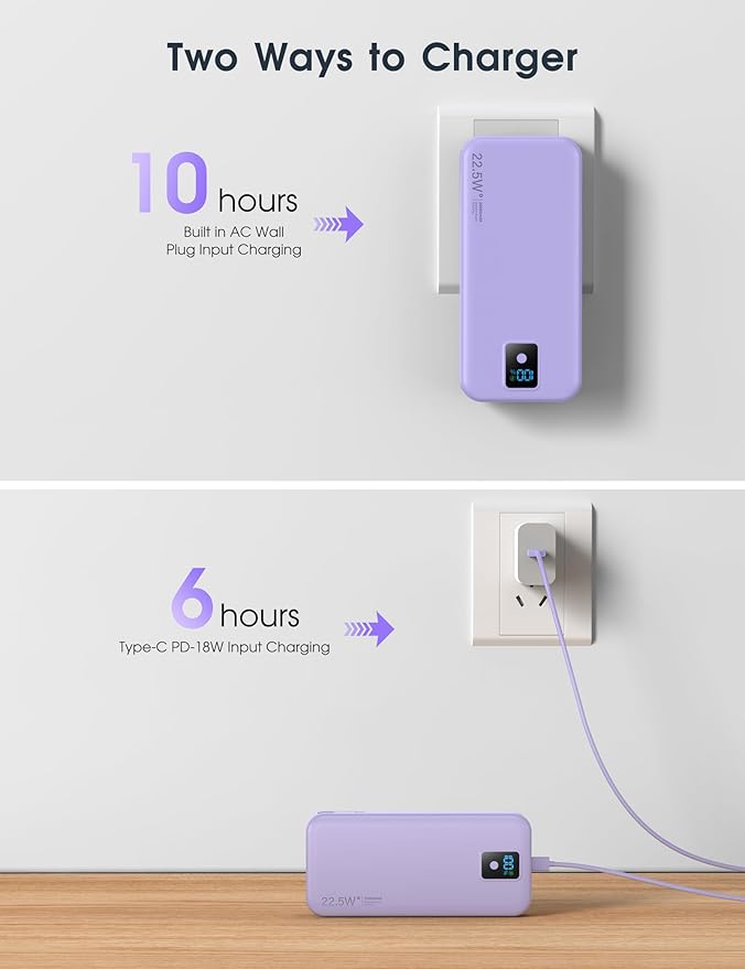 Portable Charger, 20000mAh 22.5W Fast Charging Power Bank with Built-in Cables & Wall Plug, Travel Essentials Battery Pack with LED Display, USB C External Battery Bank for iPhone iPad, Samsung Purple
