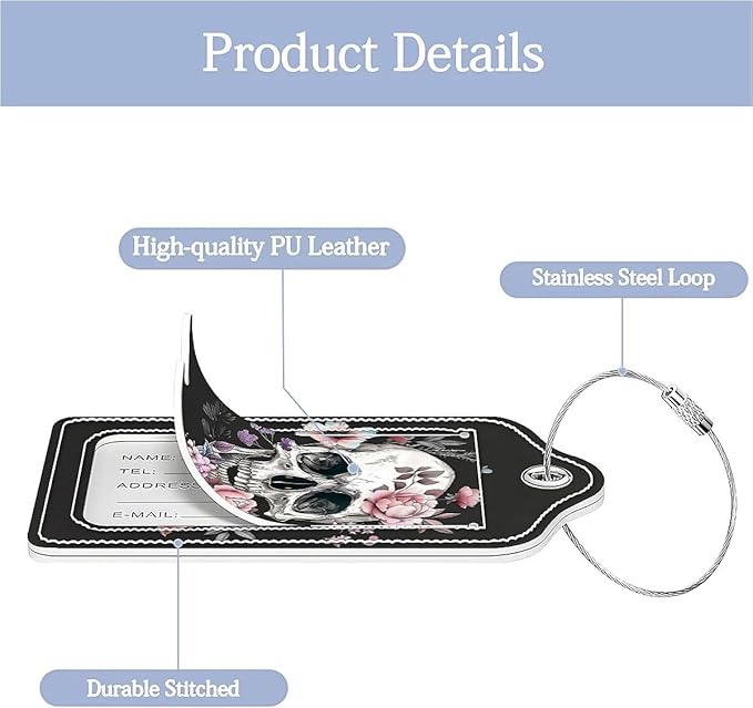Funny PU Leather Luggage Tags 2-Pack Suitable for Suitcase Stainless Steel Loop and Address Card Essential with Cruise and Airport Travel White Skull Pink Rose Cute Pattern