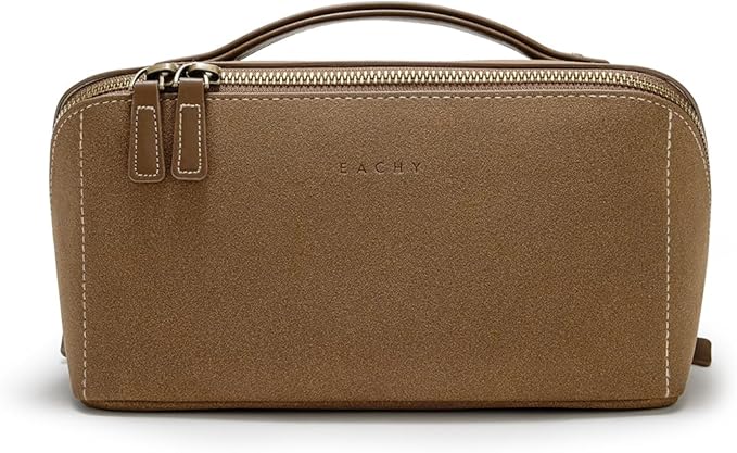 EACHY Travel Makeup Bag, Faux Suede Cosmetic Bags for Women,Large Capacity Portable Pouch Open Flat Toiletry Bag Make up Organizer with Divider and Handle