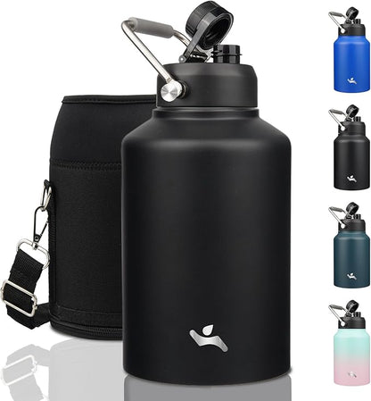 1 Gallon Jug with Handle,128 oz Insulated Water Bottle with Carrying Pouch, Double Wall Vacuum Stainless Steel Metal Bottle,Black