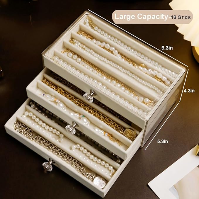 SPAKOWN Necklace Organizer Box, Velvet Necklace Box Holder Tray with Clear Lid Chains Showcase Stackable Necklace Storage for Pendant Bracelet (3 Drawers - Beige)