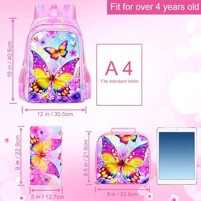 WZLVO 3PCS Butterfly Backpack for Girls, 16'' Kids Preschool Bookbag with Lunch Box, Cute Animal Water ResistantSchool Bag Set for Elementary Kindergarten Travel