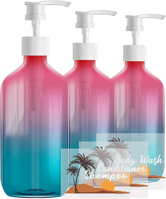 Empty Plastic Gradient Color Bottles with Pump Dispenser and Labels Included, Refillable Travel Containers for Hand sanitizer Shampoo Lotion, etc - No BPA/Parabenf, 500ml/16.9oz (Gradient, 3 Pack)