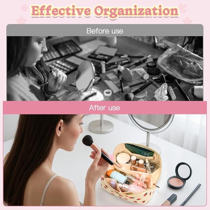 Personalized Travel Makeup Bag Set,Initial Travel Strawberry Makeup Organizer Bag,Toiletry Skincare Cosmetic Bag,Christmas Gifts for Women/Girls,Open Flat Toiletry Pouch with Brush Pocket-B