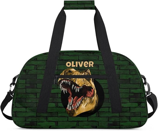 Personalized Duffel Bag for Kids Girls Boys, Scary Dinosaur Custom Name Gym Bag Overnight with Padded Handles Carry On Weekend Sports Travel Bag for School Practice Gymnastics Ballet