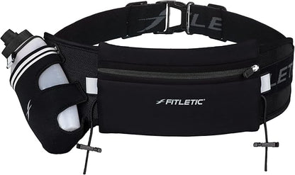 Fitletic Hydration Running Belt With 12oz Quick Flow Water Bottle For Men & Women –Race Belt, Gel Holder & Bib Toggles Patented Bounce Free Design, Water Resistant Fits All Phones –Fully Loaded