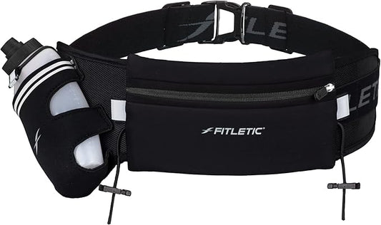 Fitletic Hydration Running Belt With 12oz Quick Flow Water Bottle For Men & Women –Race Belt, Gel Holder & Bib Toggles Patented Bounce Free Design, Water Resistant Fits All Phones –Fully Loaded