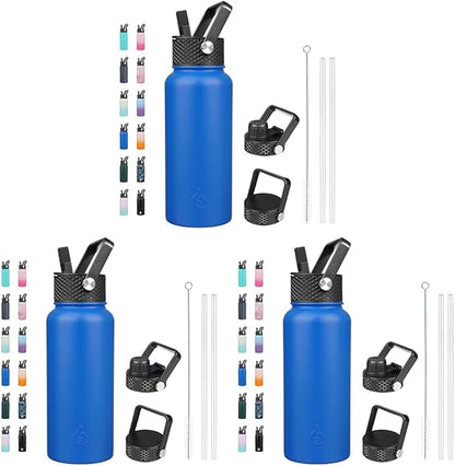 BJPKPK Insulated Water Bottles with Straw Lid, 32oz Metal Large Water Bottle with 3 Lids, Reusable Leak Proof BPA Free Thermos, Stainless Steel Canteen Water Bottle for Sports, Gym & Travel-Sapphire