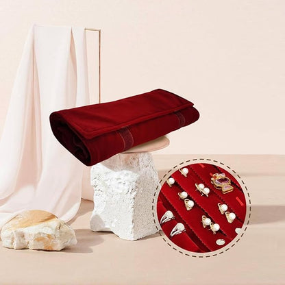 Velvet Travel Jewelry Case Roll Bag Organizer for Necklace Bracelet Earrings Ring (Black) (Burgundy)