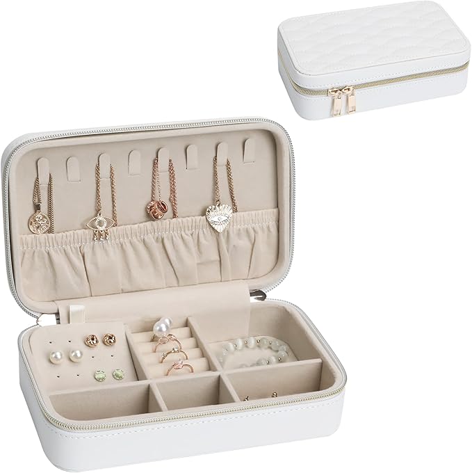 Travel Jewelry Case Stylish PU Leather Small Jewelry Case Organizer with Zipper Closure, Protects Jewelry from Scratches, Perfect Daily Companion White