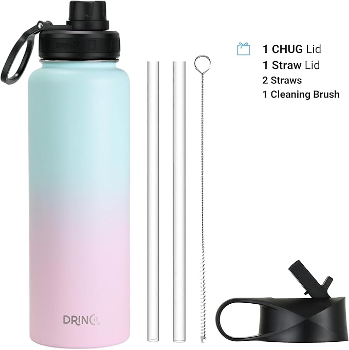 DRINCO Stainless Steel Water Bottle Spout Lid Vacuum Insulated Double Wall Water Bottle Wide Mouth (40oz 32oz 22oz 18oz 14oz) Leak Proof Keeps Cold or Hot (40 oz, 40oz Macaron)