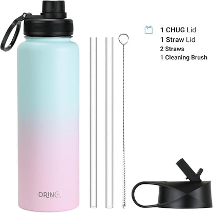 DRINCO Stainless Steel Water Bottle Spout Lid Vacuum Insulated Double Wall Water Bottle Wide Mouth (40oz 32oz 22oz 18oz 14oz) Leak Proof Keeps Cold or Hot (40 oz, 40oz Macaron)
