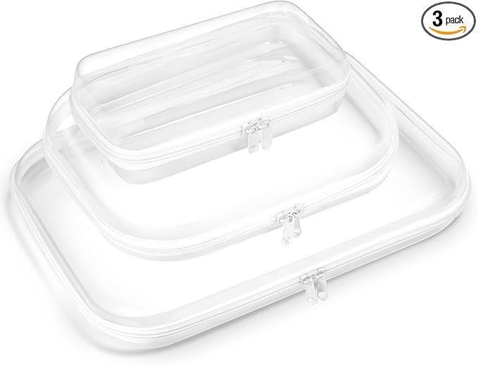 BOBOKA 3PCS Clear Hard Shell Zipper Case for Storage, Portable Waterproof Cosmetic Bag with Zipper, Plastic Clear Pencil Case, Toiletry Pouch, Travel Organizer, Toy Storage Bins