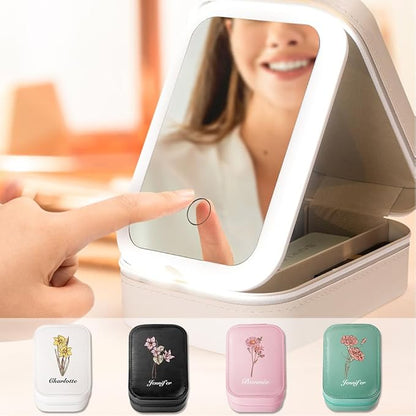 callie Personalized Travel Jewelry Case-Mirror & LED 3 Adjustable Light, Custom Birth Flower Makeup Jewlery Box with Name, Wedding Birthday Gift for Women