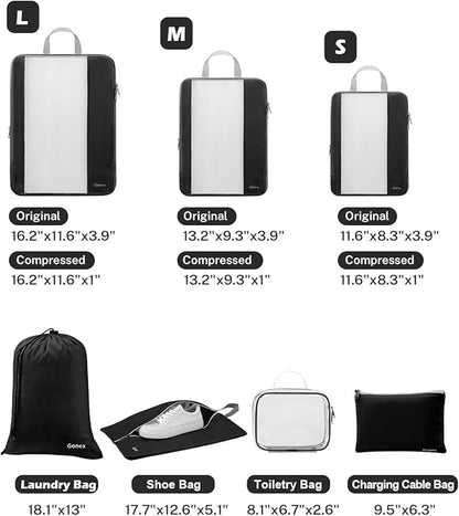 Gonex Expandable Mesh Packing Cubes - 8 Set Compression Organizer for Travel Essentials with Toiletry, Laundry, Shoe & Cable Bags - Black