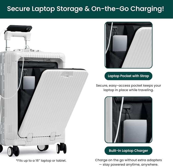 Nobl Travel Carry On Luggage, Noble Zipperless Aluminum Frame PC Hard Shell Suitcase, 22.5x15x9.5 Airline Approved, 360° Spinner Wheels, TSA Locks, USB Charging Port, Cup & Phone Holder - Ivory