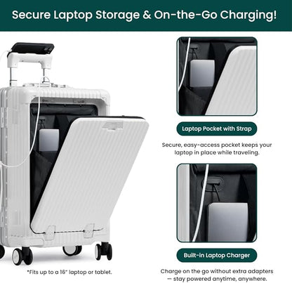 Nobl Travel Carry On Luggage, Noble Zipperless Aluminum Frame PC Hard Shell Suitcase, 22.5x15x9.5 Airline Approved, 360° Spinner Wheels, TSA Locks, USB Charging Port, Cup & Phone Holder - Ivory