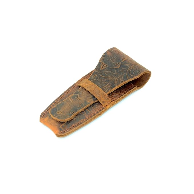 JJNUSA Old Fashioned Sleeve Travel Pouch Leather Safety Razor Case, Double Edge Razor 4.5", Shaving Accessories, Personal Care Essentials, Men's Shaving Razor Flower brown