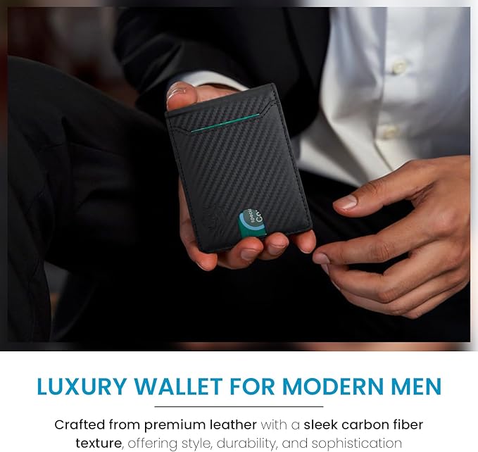 Mens Wallet | 11 Credit Card Holder | Built-In Money Clip | Slim Minimalist | RFID Blocking | Premium Leather | Gift for Him, Carbon, SNM097