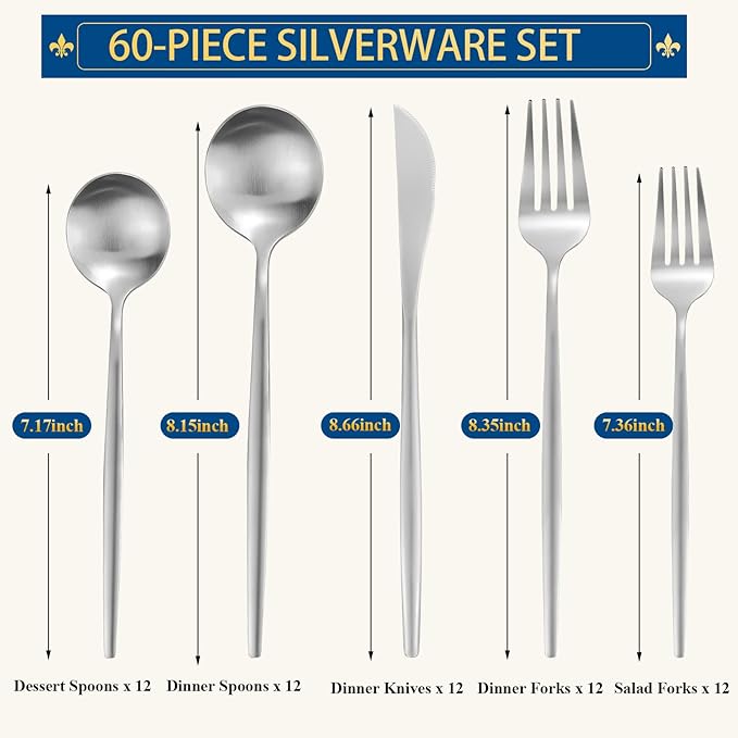 Silverware Set for 12, 60 Piece Flatware Set, Cutlery Tableware set Include Spoons And Forks Set, Stainless Steel Utensil Set, Matte polished Finish, Dishwasher Safe